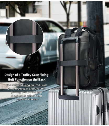 Men Leather Business Backpack With Trolley Sleeve