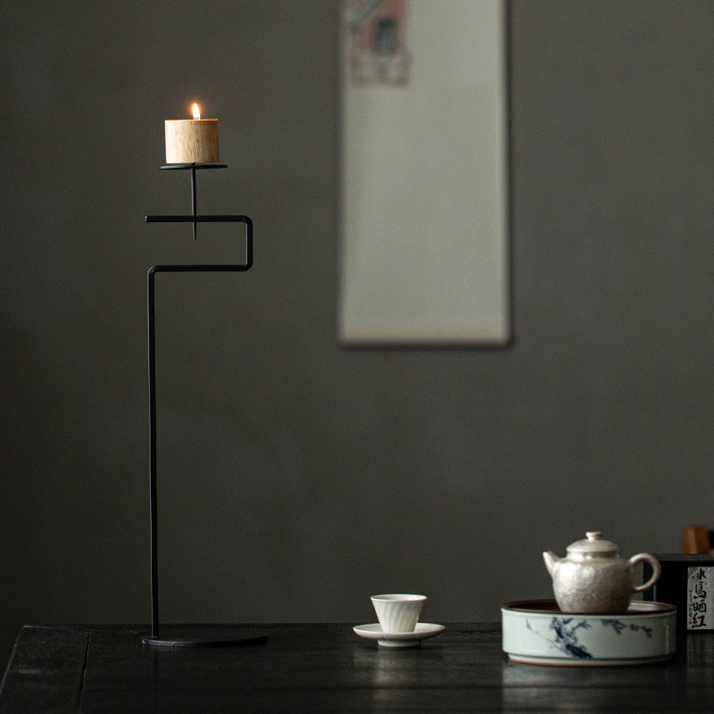 Black Wrought Iron Candle Stand with Wooden Cup – 45 cm