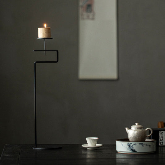 Black Wrought Iron Candle Stand with Wooden Cup – 45 cm