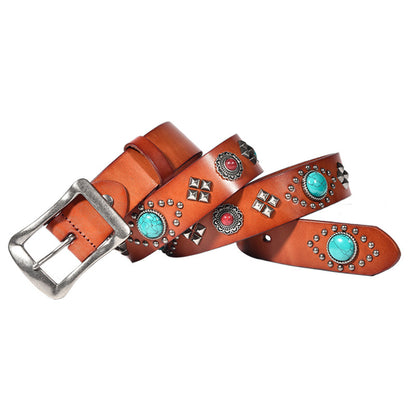 Western Punk Leather Belt with Studs and Turquoise Stones