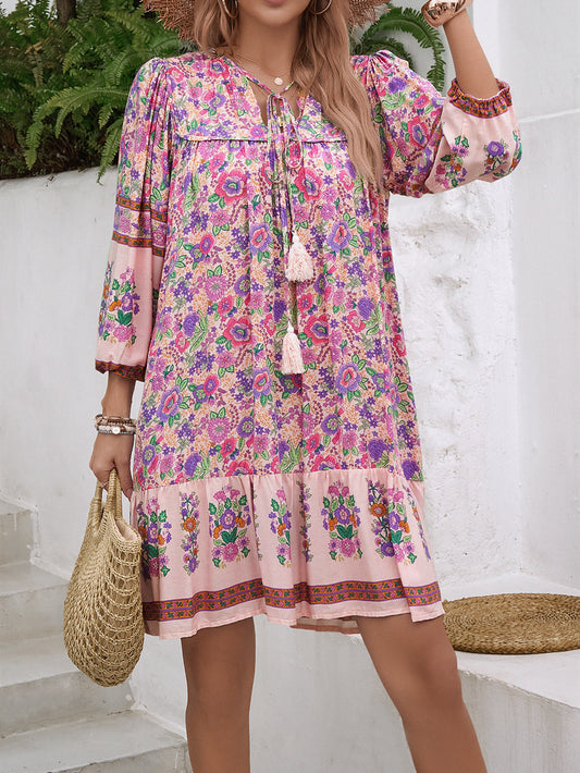 Floral Boho Mini Summer Dress with Tassels