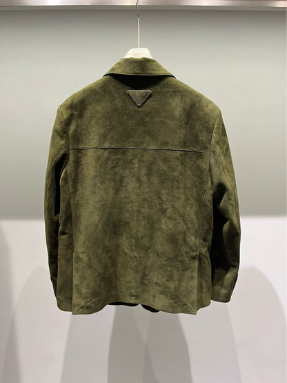 Olive Green Suede Leather Blazer for Women