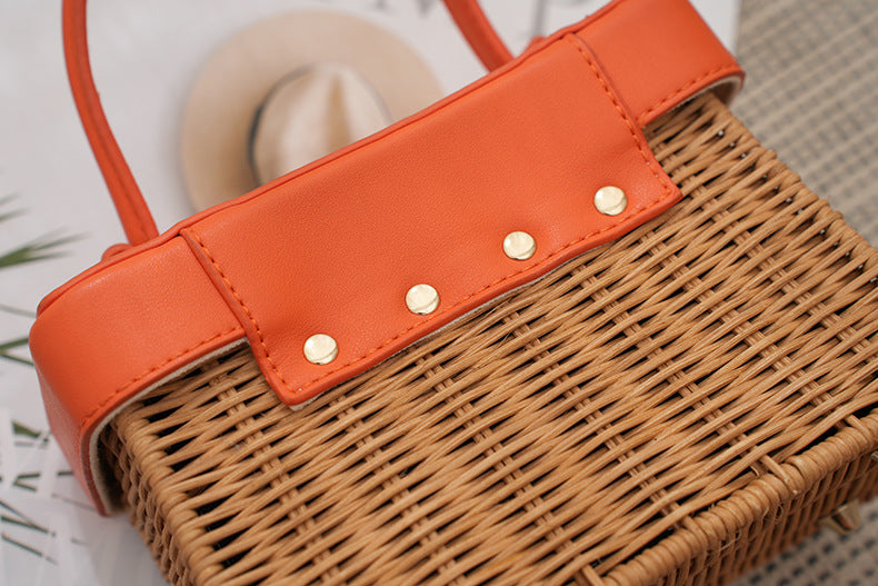 Woven Summer Handbag with Leather Handle & Lock