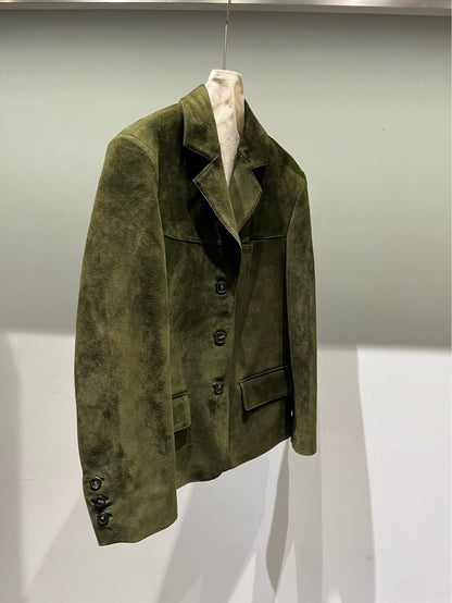 Olive Green Suede Leather Blazer for Women