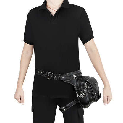 Faux Leather Waist Bag with Thigh Strap and Chain