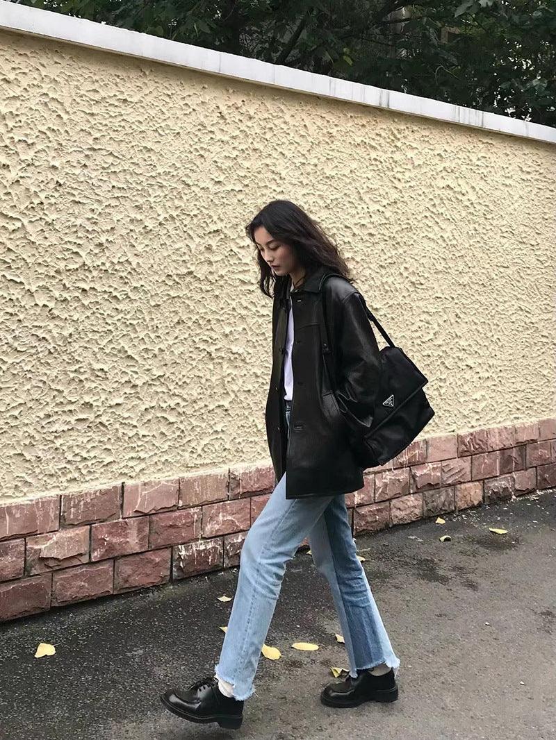 Women Genuine Leather Jacket Oversized Mid-Length Bomber Coat