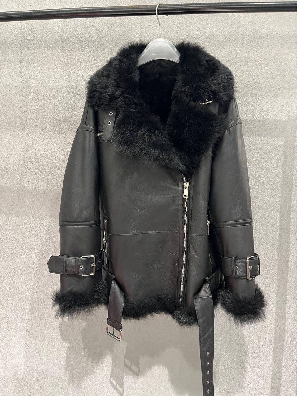 Women Leather Jacket with Real Fur Lining Moto Bomber Style