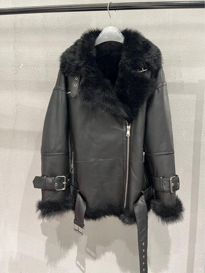 Women Leather Jacket with Real Fur Lining Moto Bomber Style