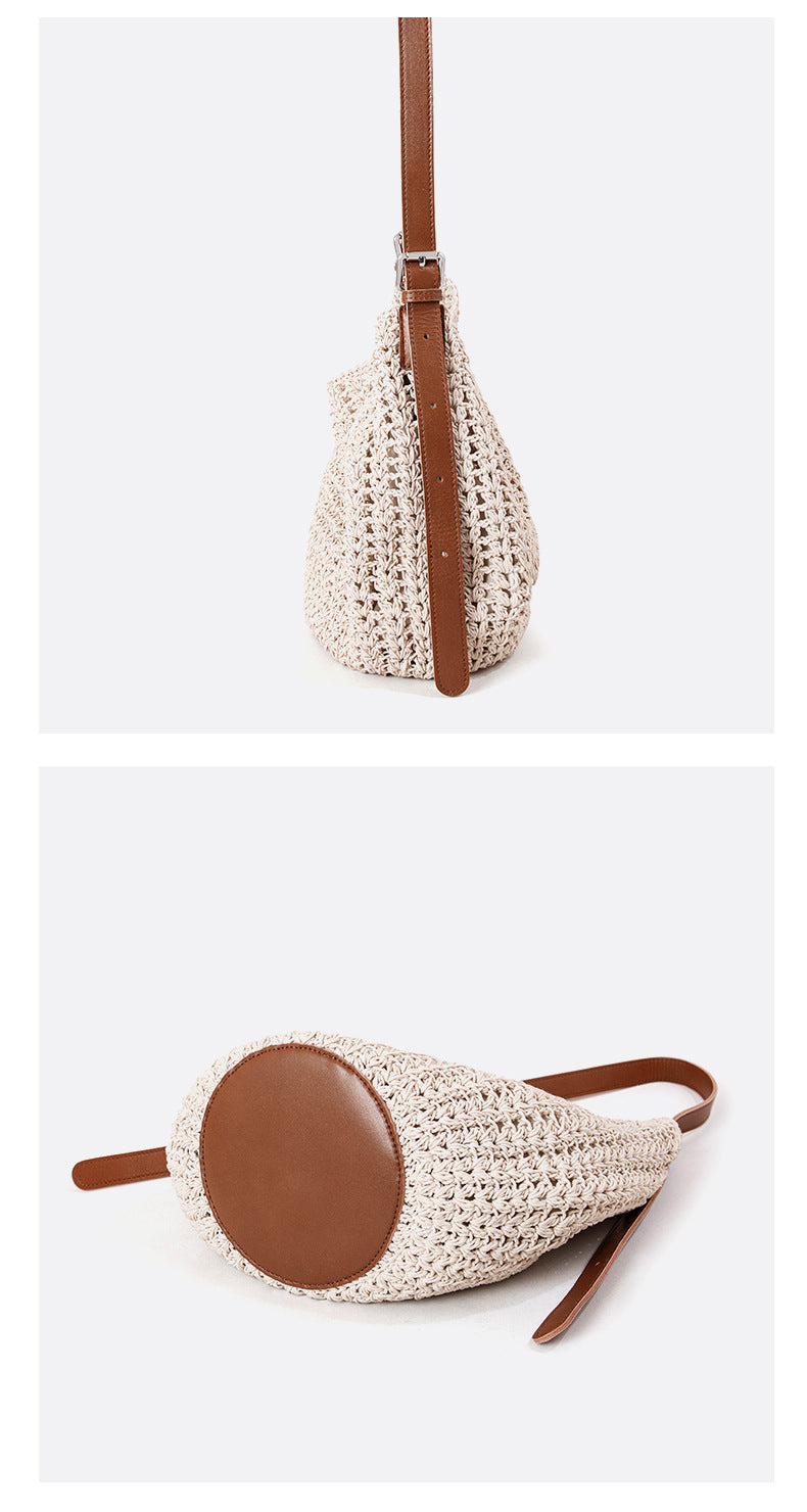 Woven Summer Shoulder Beach Bag with Leather Base