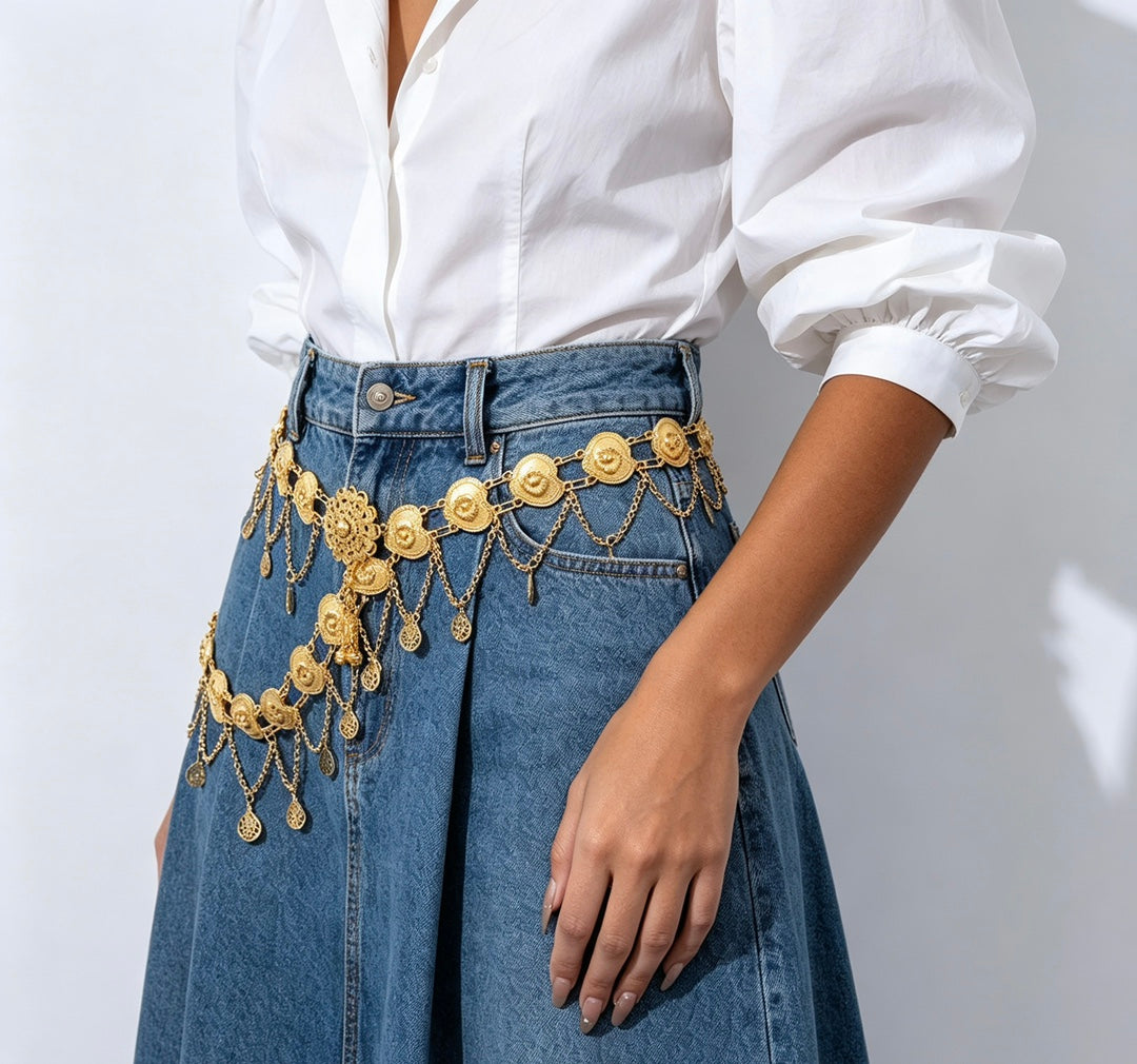 Gold Waist Chain with Ornate Tassels and Layered Medallions
