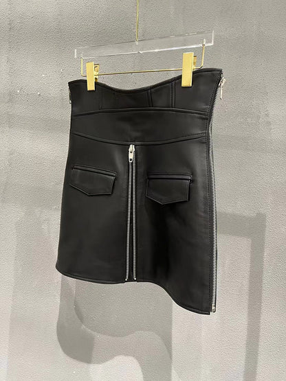 Leather Mini Skirt Black High Waisted Zip Front