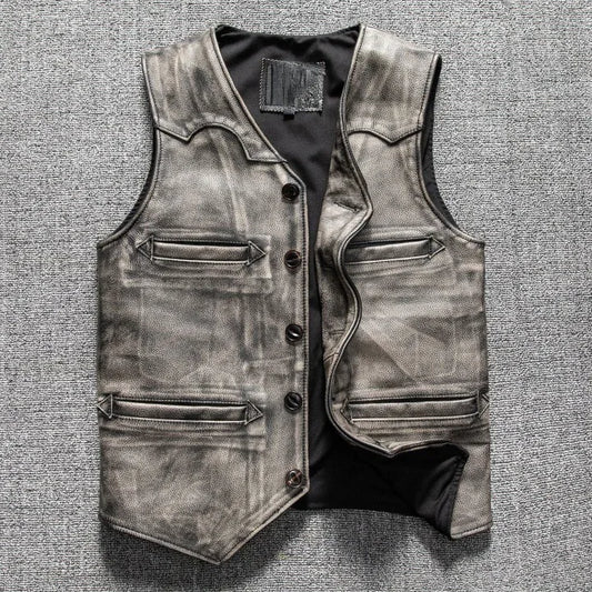Washed distressed cowhide leather riding vest