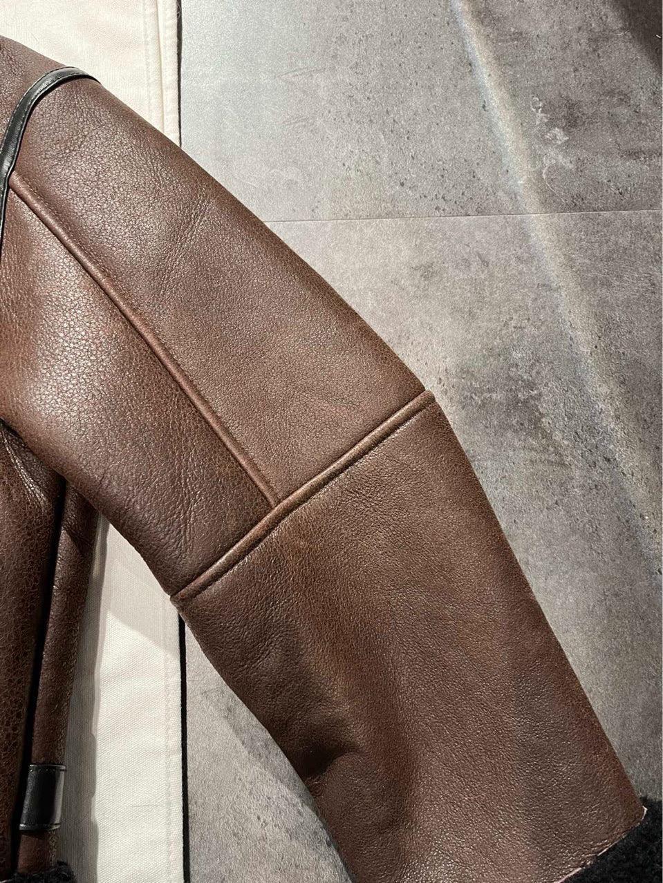 Brown High Waist Moto Style Leather Bomber Jacket with Black Fur Collar