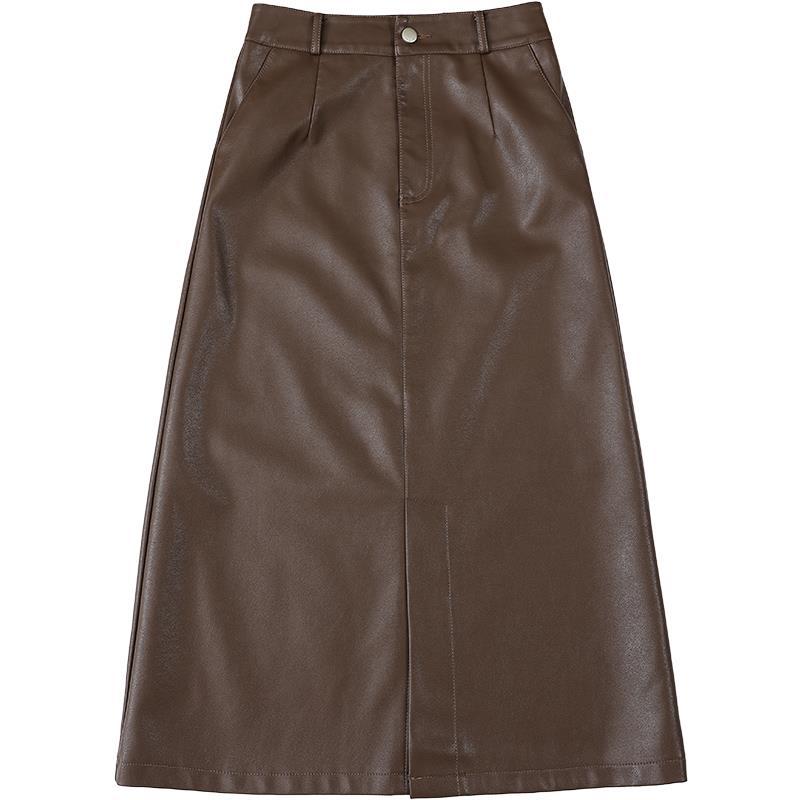 Black PU Leather Midi Pencil Skirt with Slit