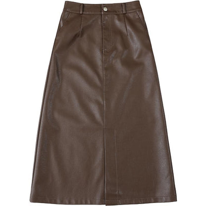 Black PU Leather Midi Pencil Skirt with Slit