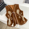 Women Embroidered Chenille Vest V-Neck Lace-Up with Tassel
