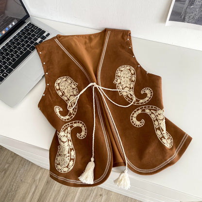 Women Embroidered Chenille Vest V-Neck Lace-Up with Tassel