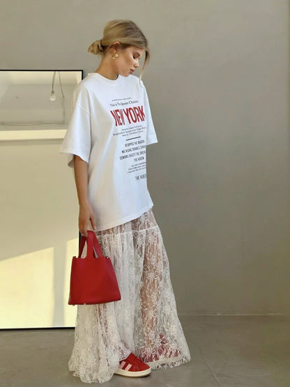 Women’s White Lace High Waist Midi Skirt