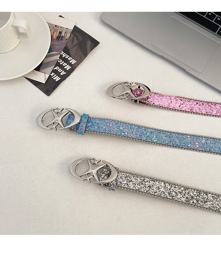 Glitter Belt Faux Leather With Star Buckle