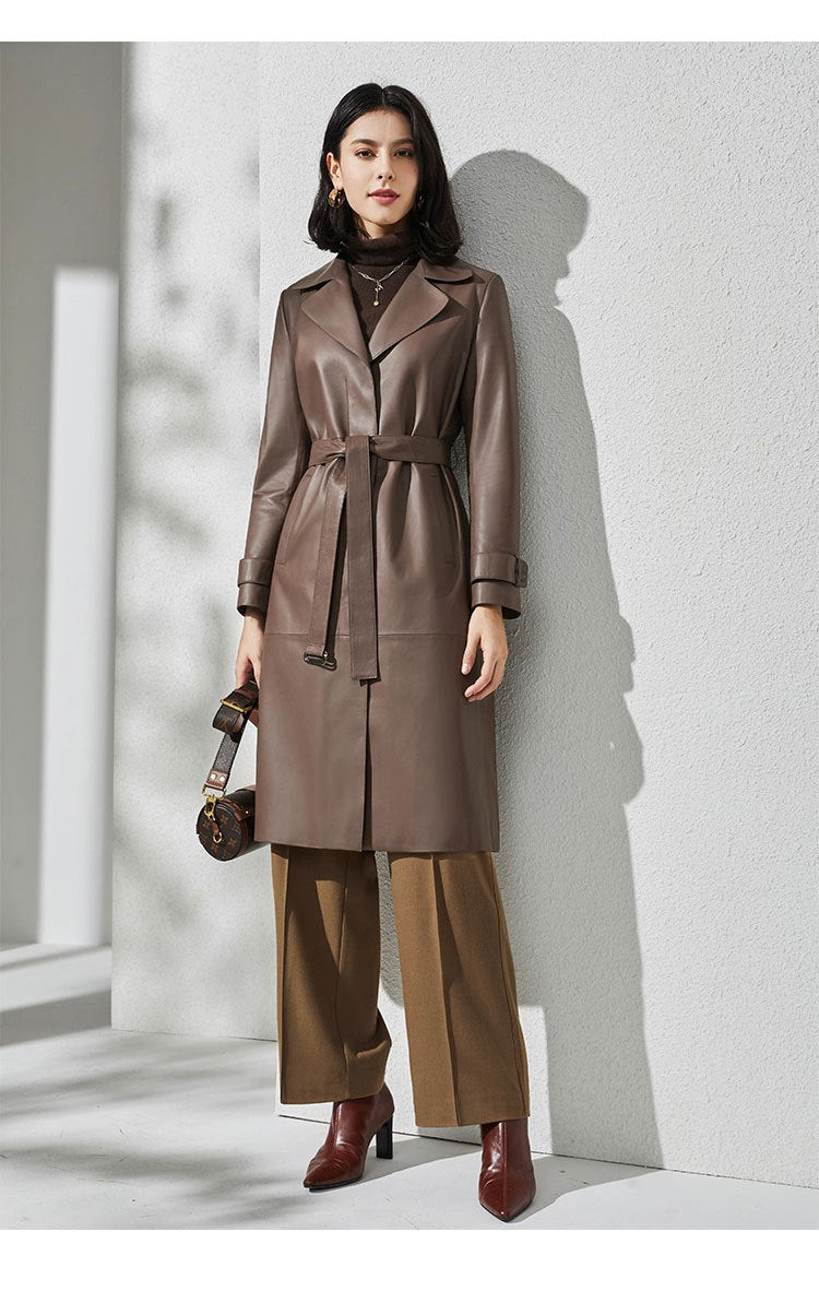 Women Brown Sheepskin Leather Trench Coat with Tie Waist