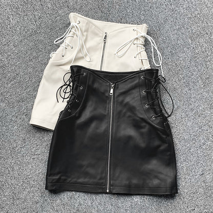 Leather Mini Skirt  High Waist  Front Lace-Up