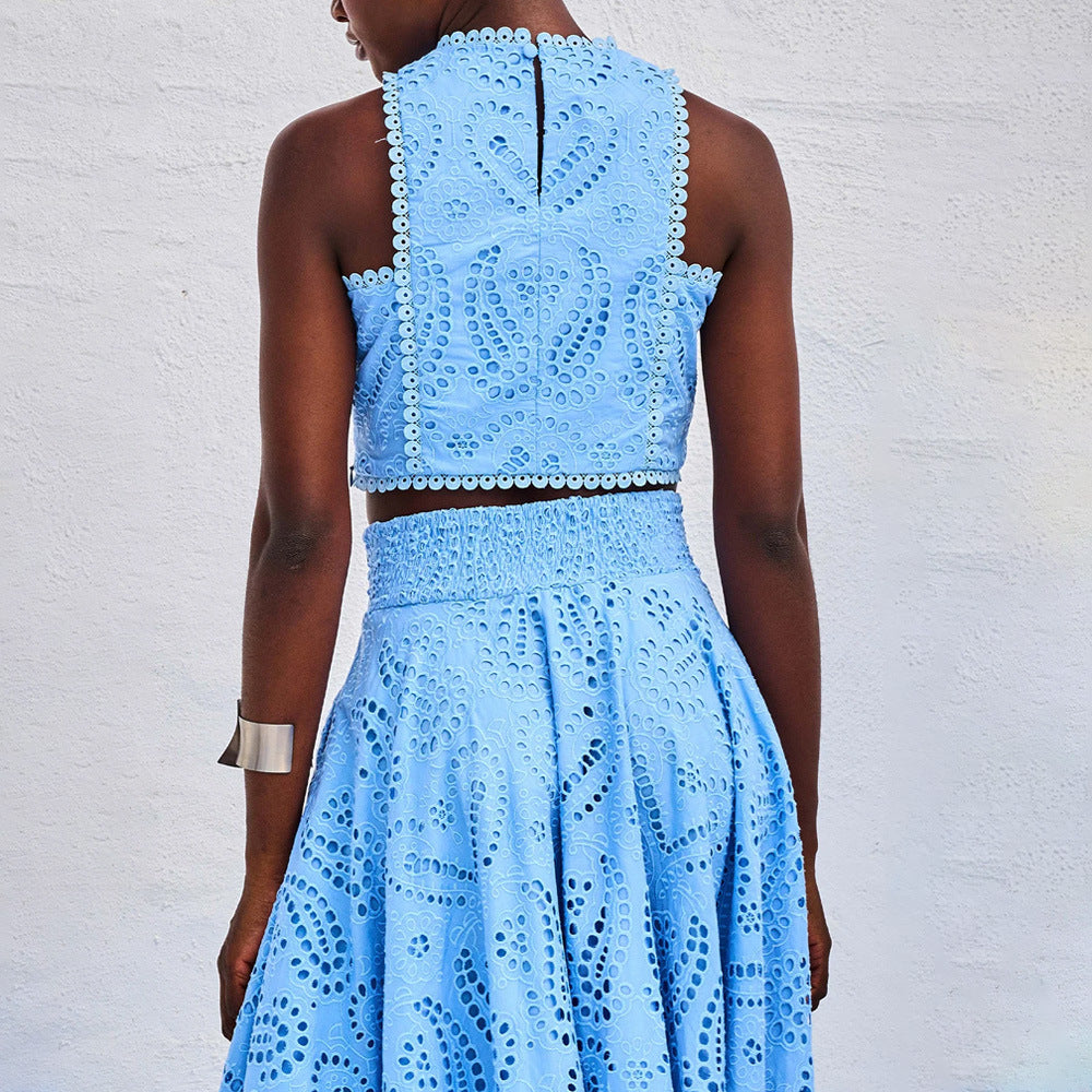 Women’s Lace Embroidered Hollow Two-Piece Midi Skirt Set
