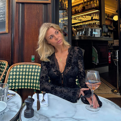 Sheer black chiffon ruffle tie blouse