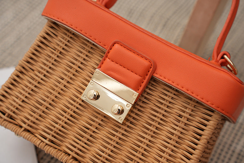 Woven Summer Handbag with Leather Handle & Lock