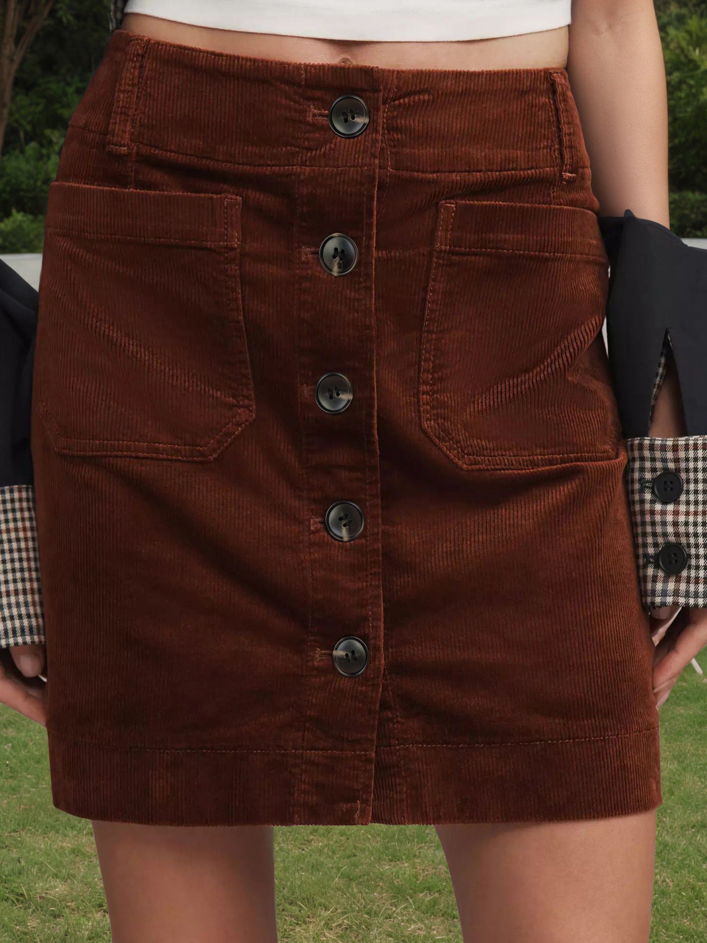 Corduroy Mini Skirt Women Button Front High Waist Brown