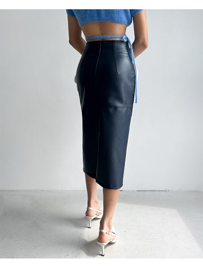 High waist pu leather midi skirt for women