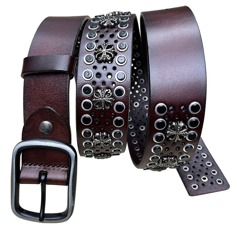 Riveted punk wide cowhide leather belt Brown 105 cms