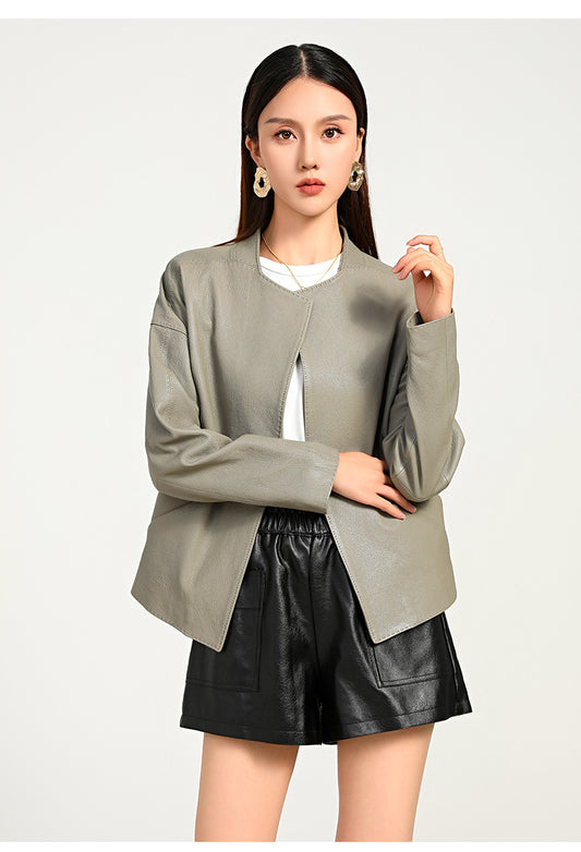 Women Leather Jacket Lychee Grain Belted Short Coat