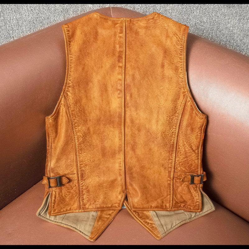 Men's slim-fit washed orange leather motorcycle vest