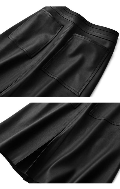 Genuine leather high waist pleated midi skirt