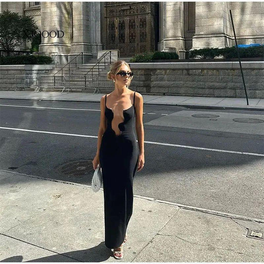 Solid black cutout suspender maxi dress Black S