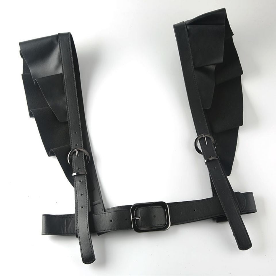Women’s Black Faux Leather Harness Belt with Ruffled Shoulders