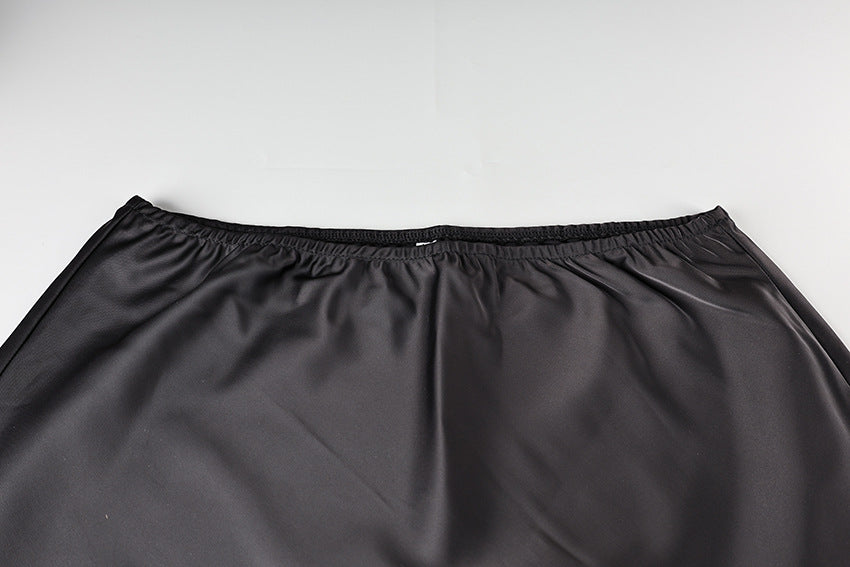 Black Satin Lace Trim Slit Mini Skirt