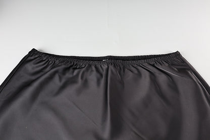 Black Satin Lace Trim Slit Mini Skirt