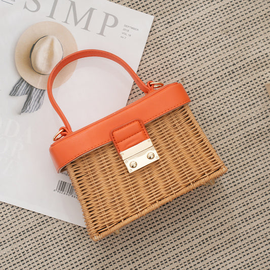 Woven Summer Handbag with Leather Handle & Lock