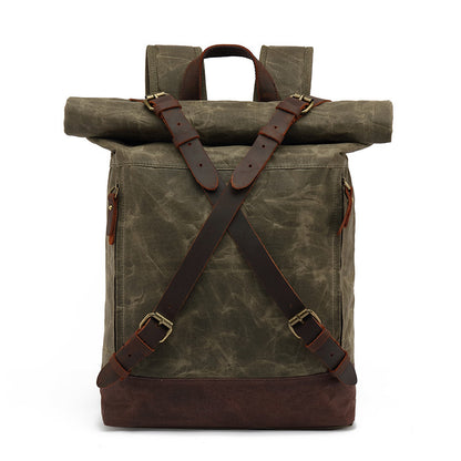 Waxed Canvas Backpack with Genuine Leather and Roll Top Design