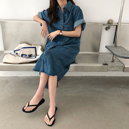 Short Sleeve Denim Shirt Dress for Women Loose Jean
