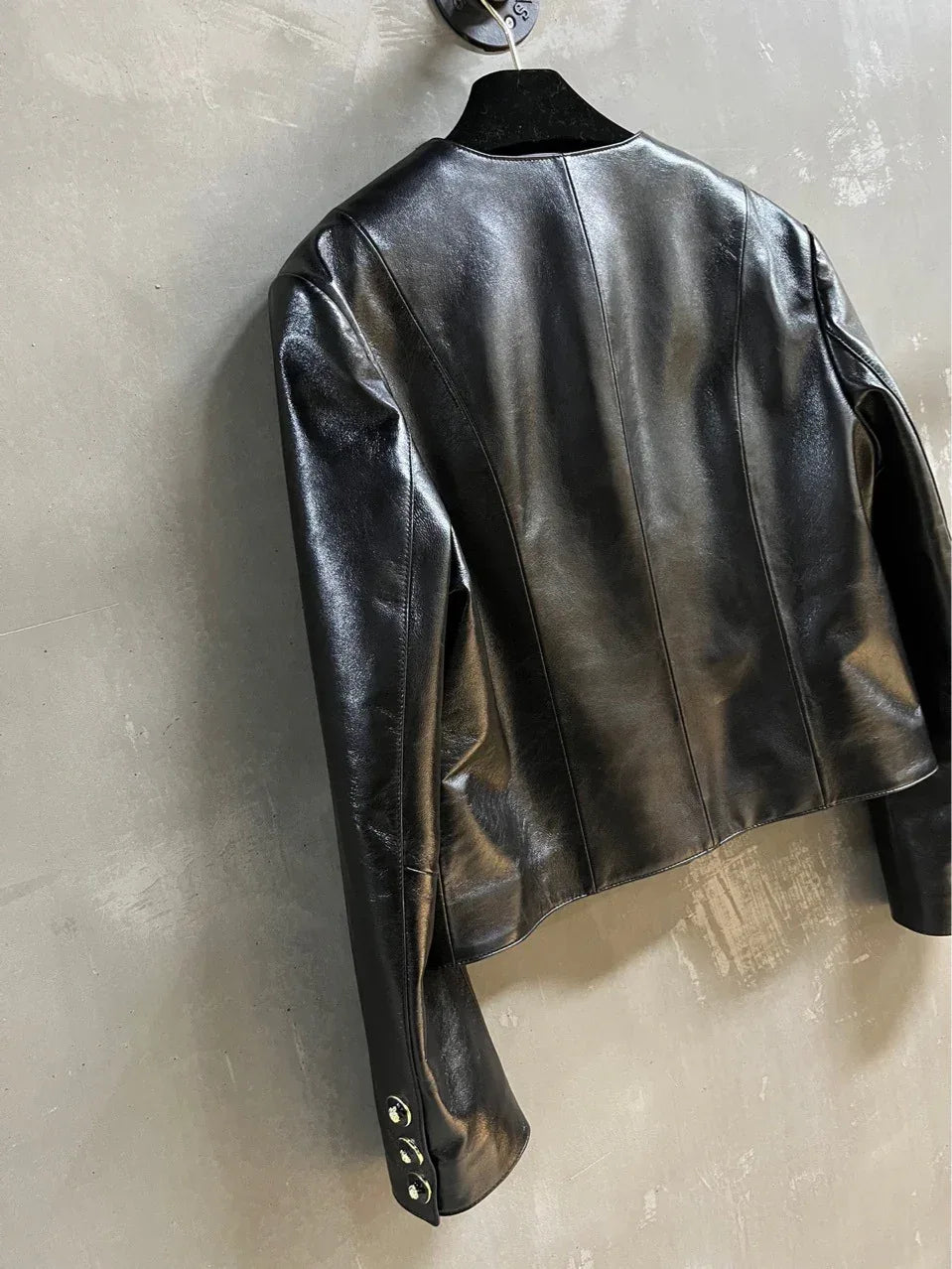 Black Leather Bomber V Neck Jacket Women