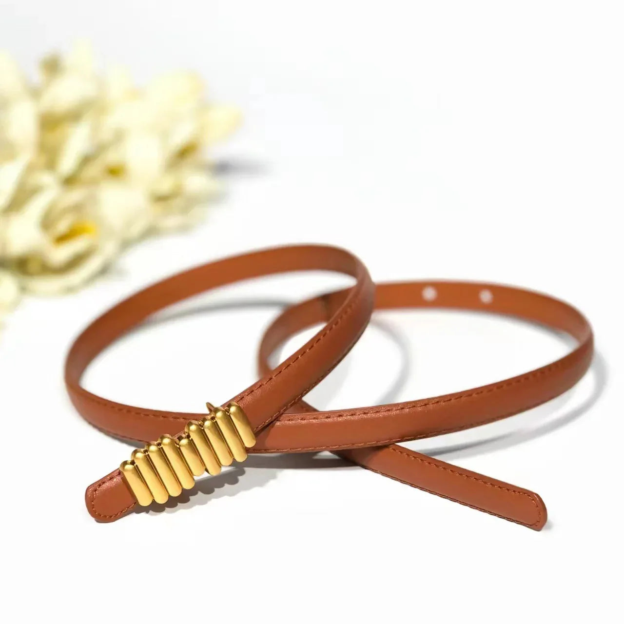 Women’s Skinny Genuine Leather Belt Gold Buckle
