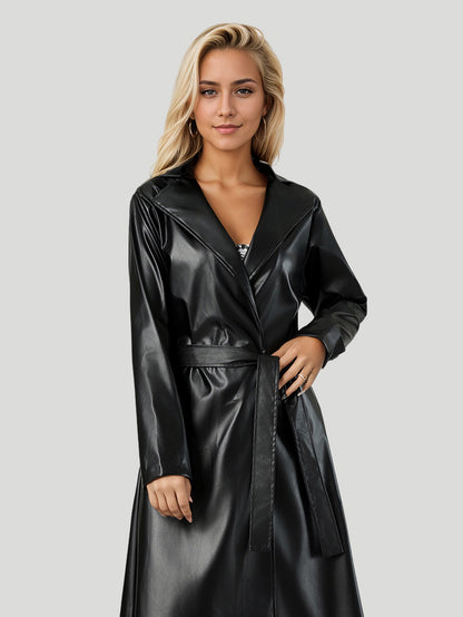 Black Faux Leather Trench Coat with Belted Waist