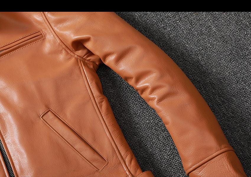 Men's Cowhide Leather Jacket Brown Slim Fit