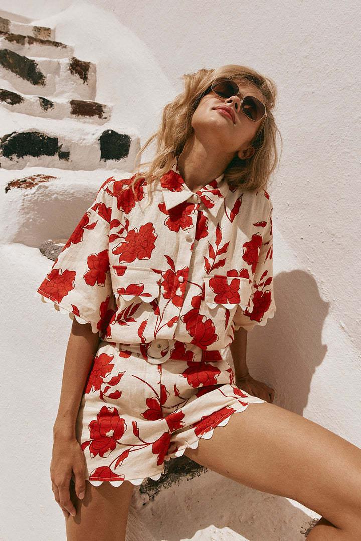 Red floral two piece beach vacation outfit