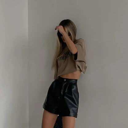 High waist pu leather a line shorts
