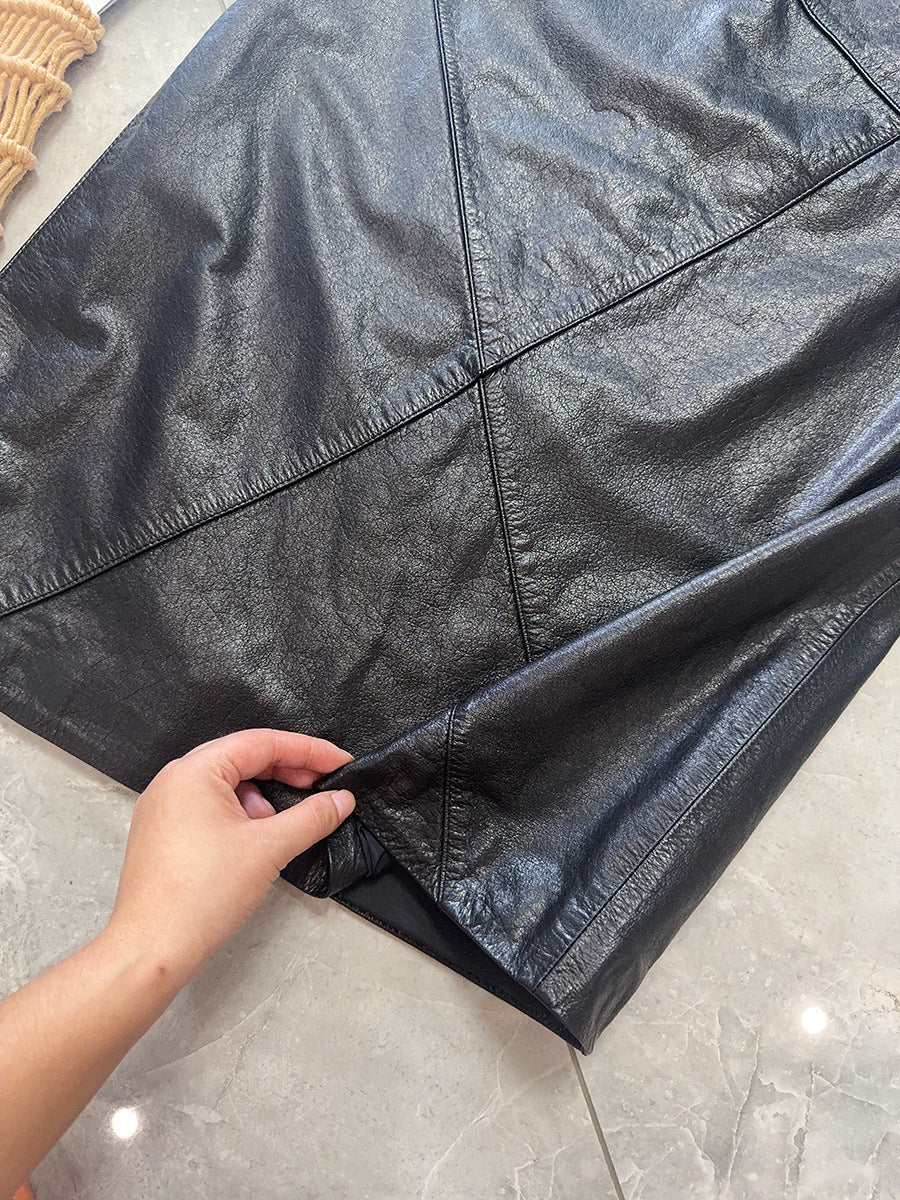 Women’s Genuine Leather High Waist Midi Skirt with Slit