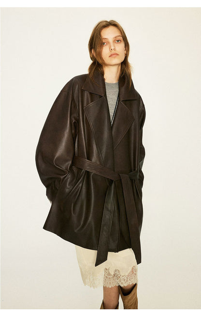 Women’s Oversized Leather Bomber Jacket Moto Trench Coat