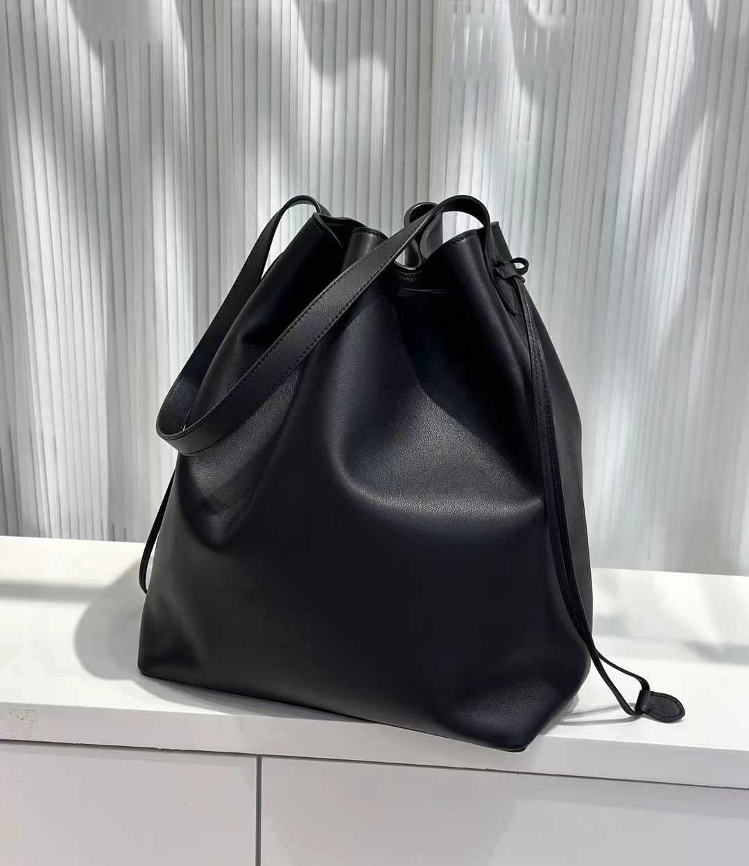 Genuine Leather Women’s Bucket Bag Tote with Drawstring